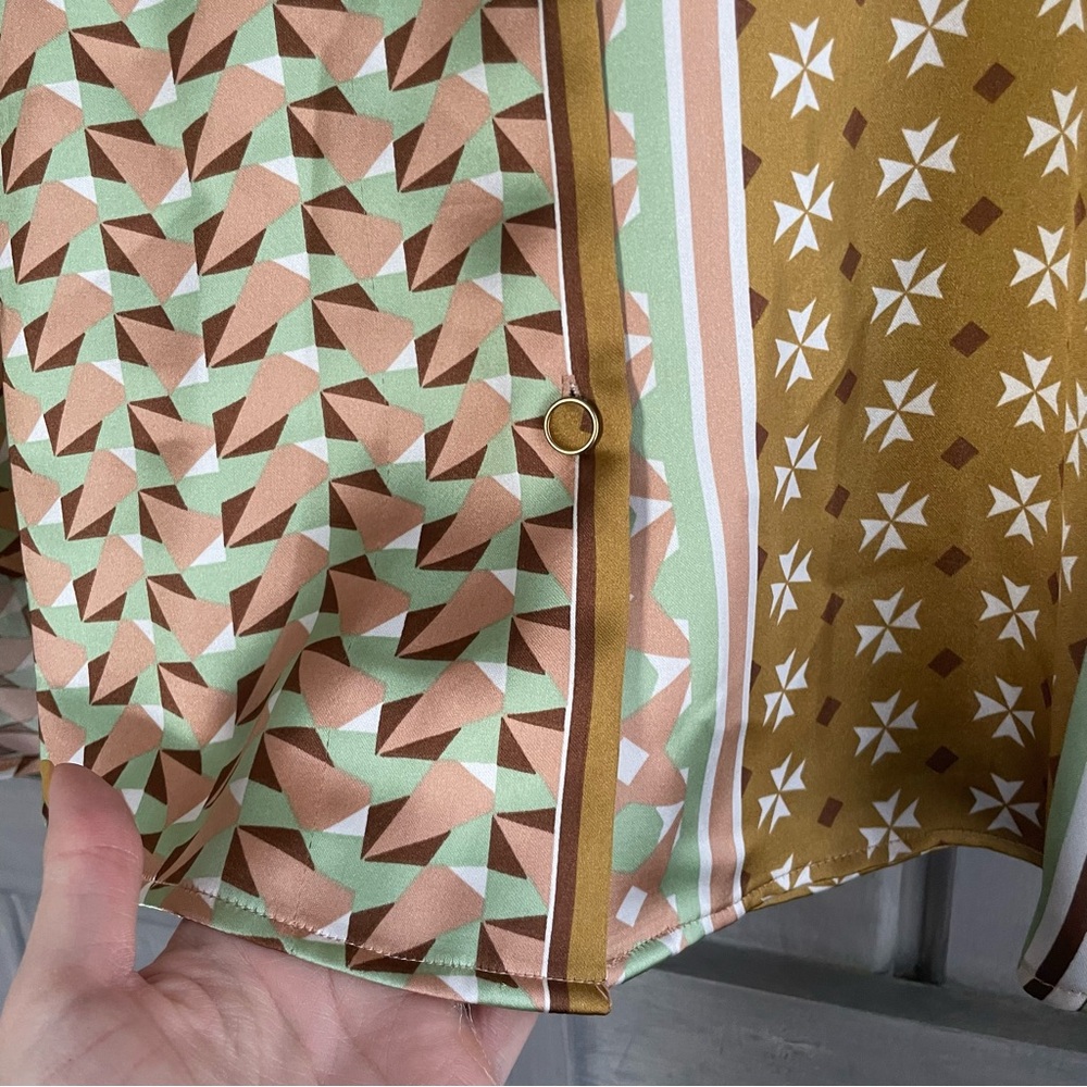 House of Harlow 1960 Art‎ Decor Silky Satin Button Up Size XL Brown green Pink - Picture 5 of 11